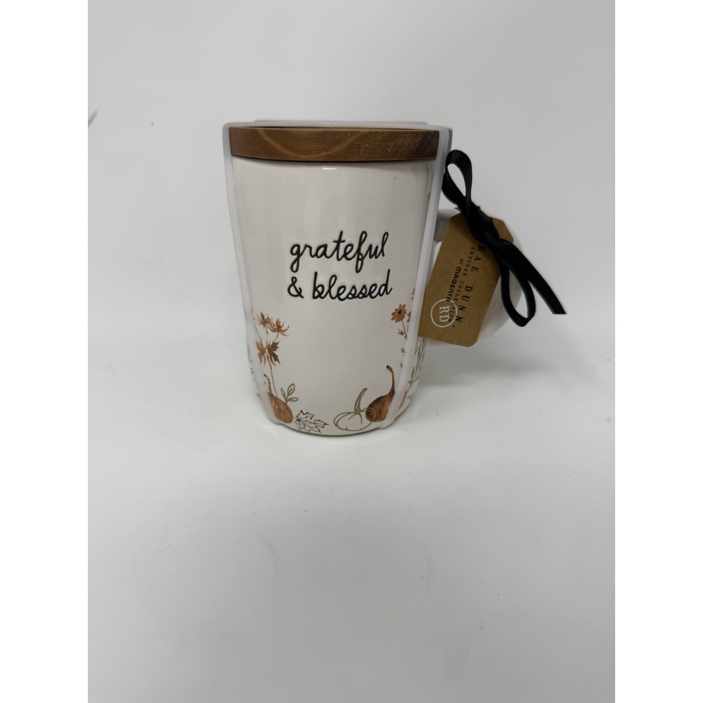 Rae Dunn Artisan Collection "Grateful & Blessed" Ceramic Mug w/ Wooden Lid Fall